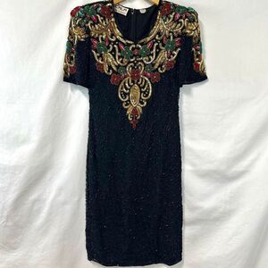 SCALA Vintage 100% Silk Floral Beaded Dress Black Womens PS Costume Dolly Parton